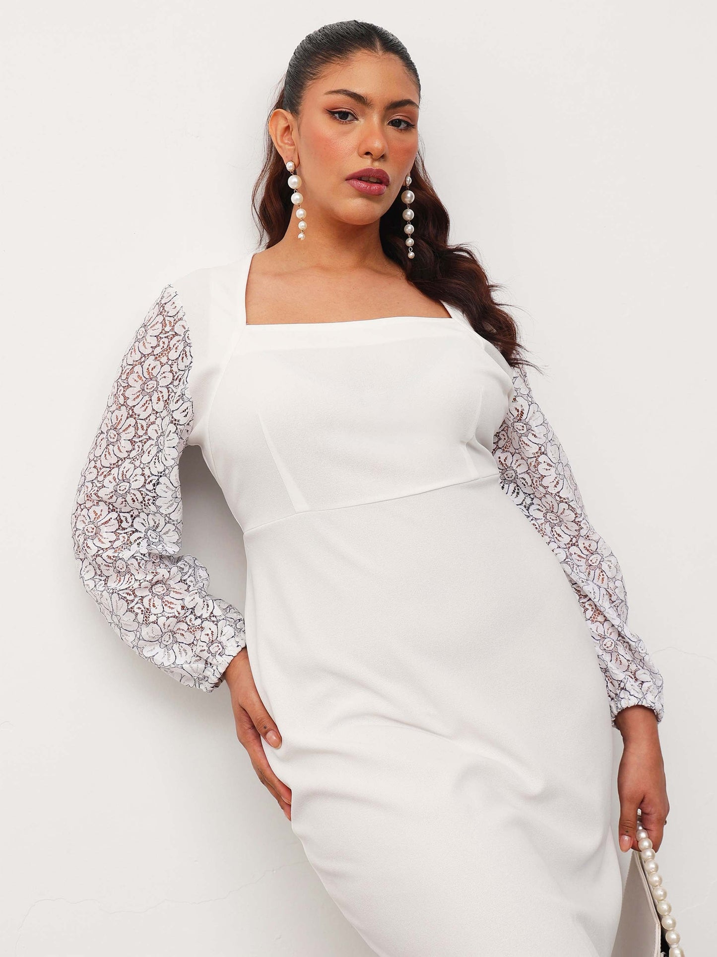White Square Neck Lace Sleeves Bodycon Midi Dress