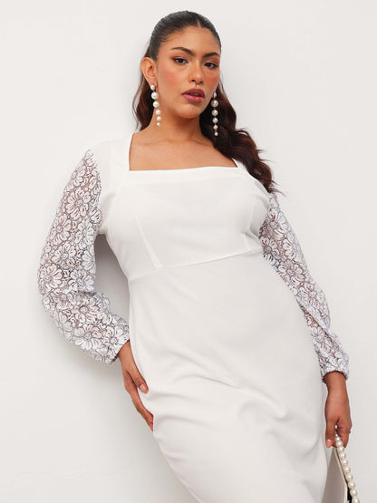 White Square Neck Lace Sleeves Bodycon Midi Dress