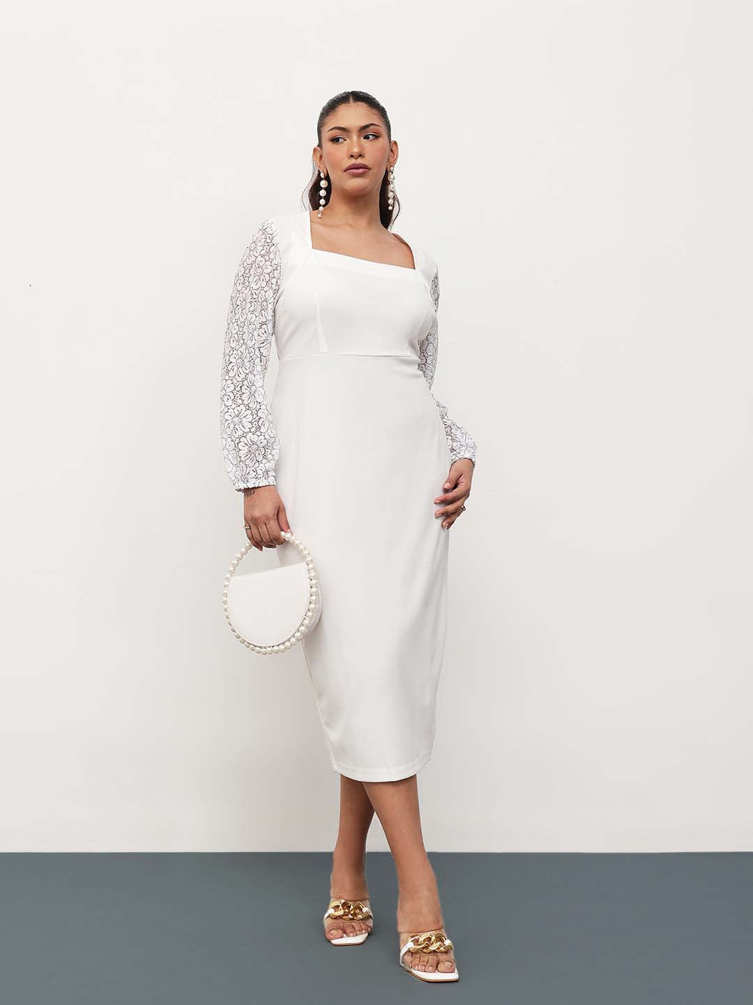 White Square Neck Lace Sleeves Bodycon Midi Dress