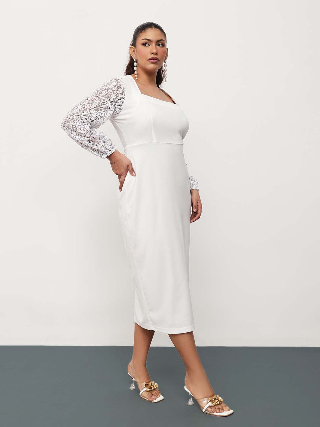 White Square Neck Lace Sleeves Bodycon Midi Dress