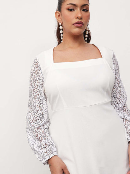 White Square Neck Lace Sleeves Bodycon Midi Dress