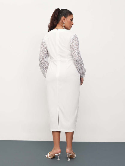 White Square Neck Lace Sleeves Bodycon Midi Dress
