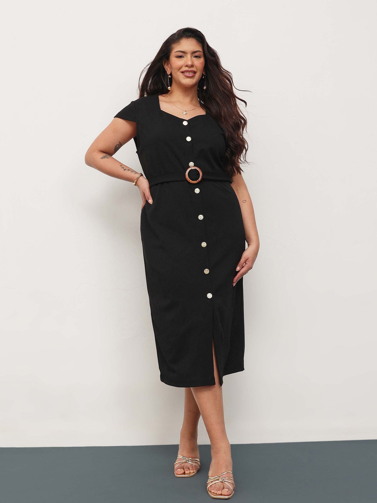 Black Button Down Belted Bodycon Midi Dress