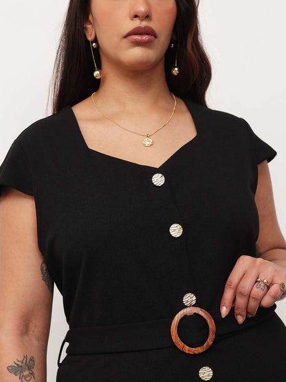 Black Button Down Belted Bodycon Midi Dress