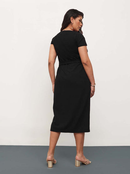 Black Button Down Belted Bodycon Midi Dress