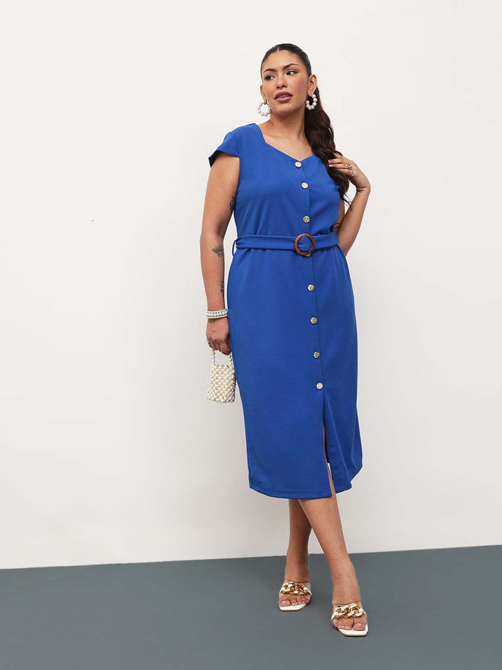 Cobalt Blue Button Down Belted Bodycon Midi Dress
