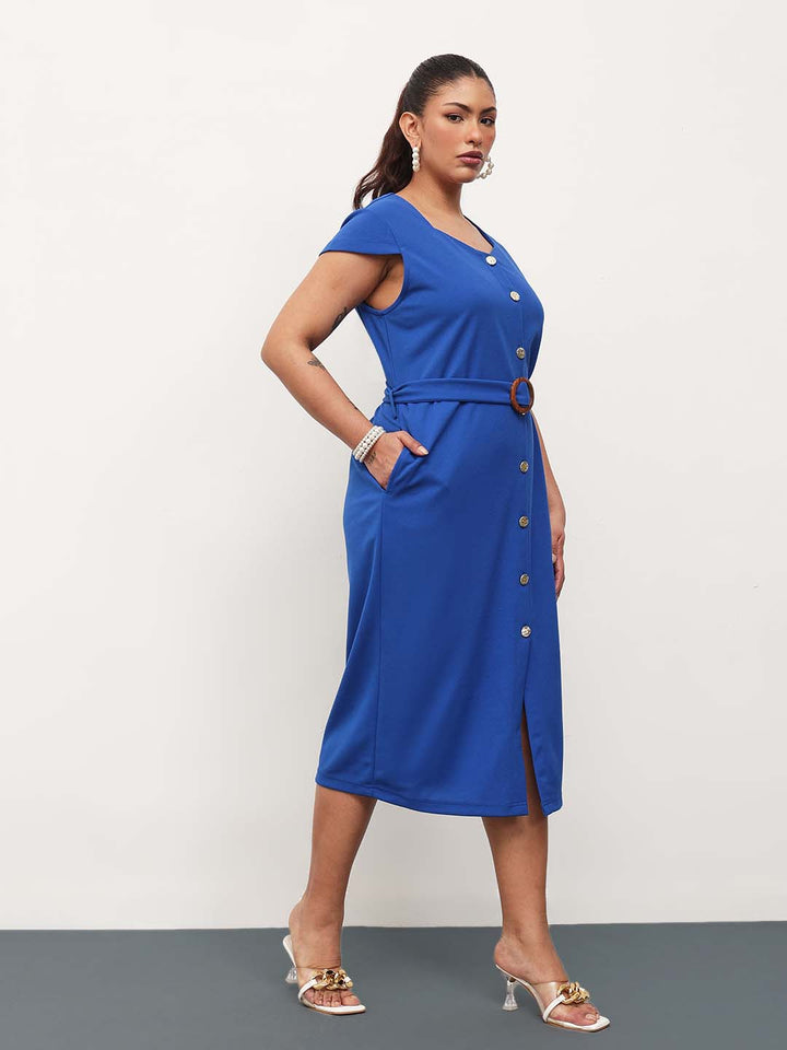 Cobalt Blue Button Down Belted Bodycon Midi Dress