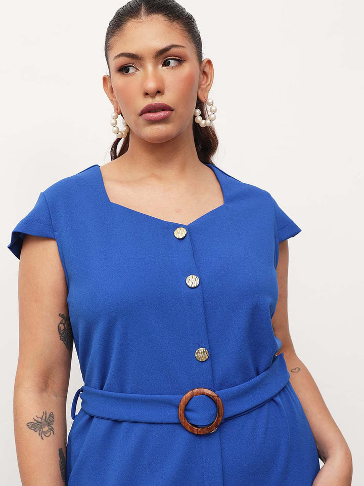 Cobalt Blue Button Down Belted Bodycon Midi Dress