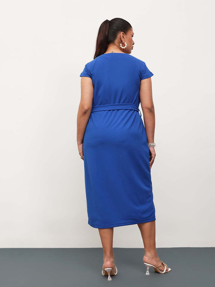 Cobalt Blue Button Down Belted Bodycon Midi Dress