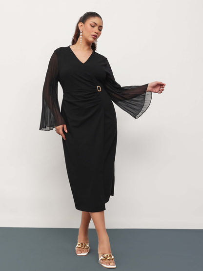 Black Pleated Sleeves Side Ruched Midi Dress