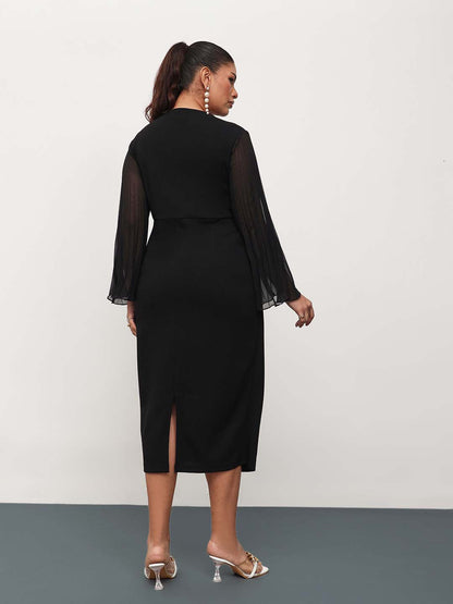 Black Pleated Sleeves Side Ruched Midi Dress