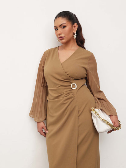 Beige Pleated Sleeves Side Ruched Midi Dress