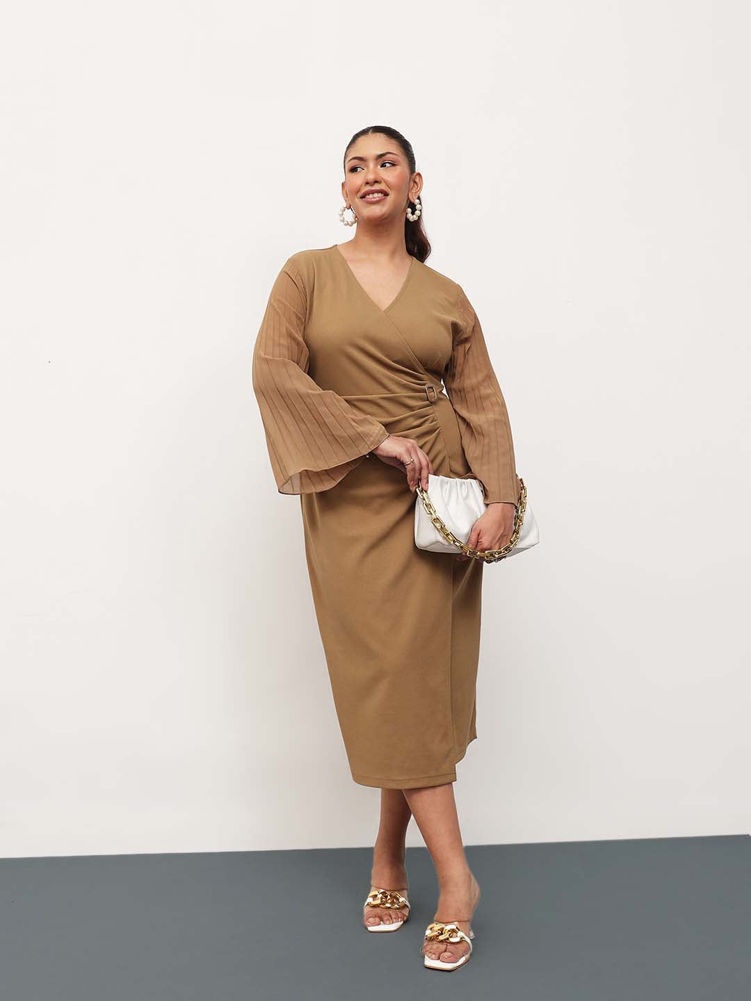Beige Pleated Sleeves Side Ruched Midi Dress