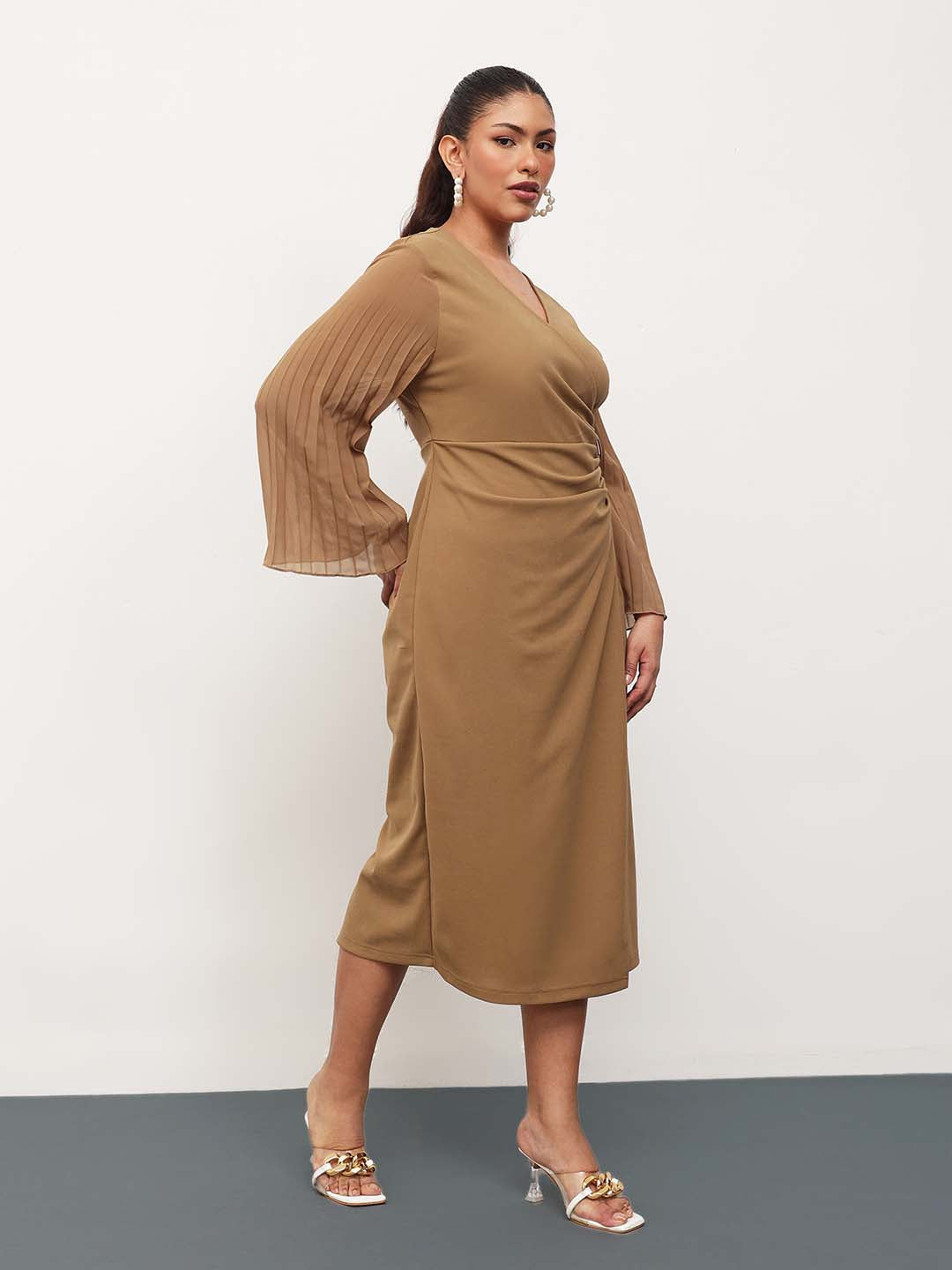 Beige Pleated Sleeves Side Ruched Midi Dress