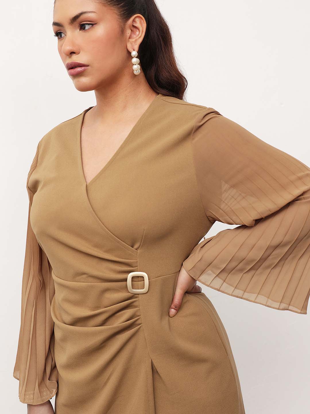 Beige Pleated Sleeves Side Ruched Midi Dress