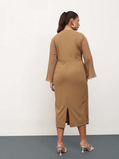 Beige Pleated Sleeves Side Ruched Midi Dress