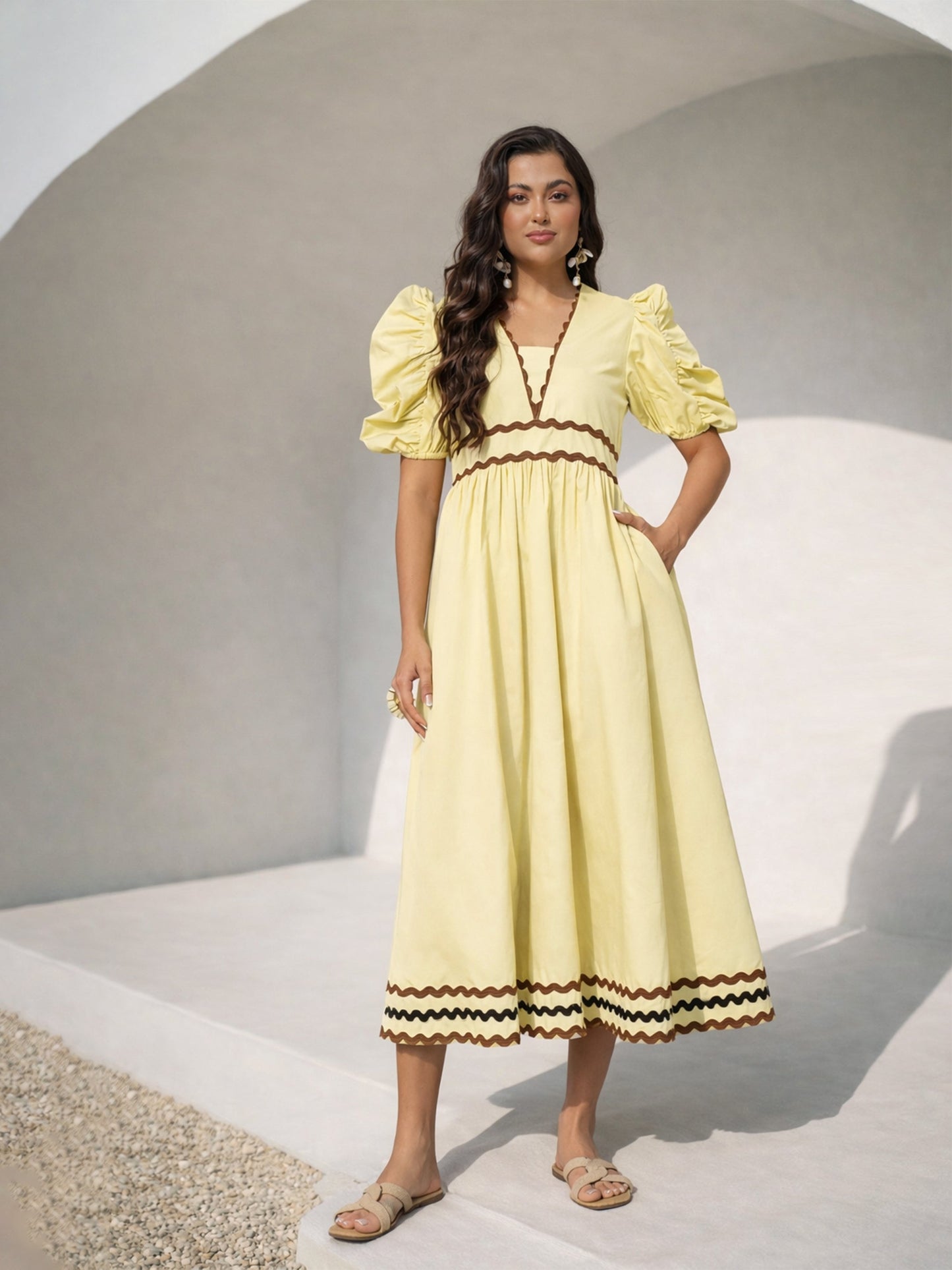 Yellow Ric Rac Lace A-Line Midi Dress