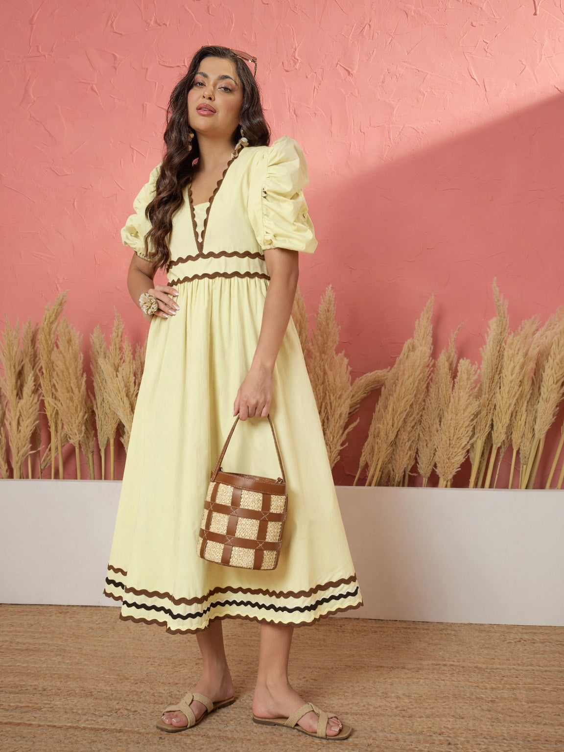 Yellow Ric Rac Lace A-Line Midi Dress