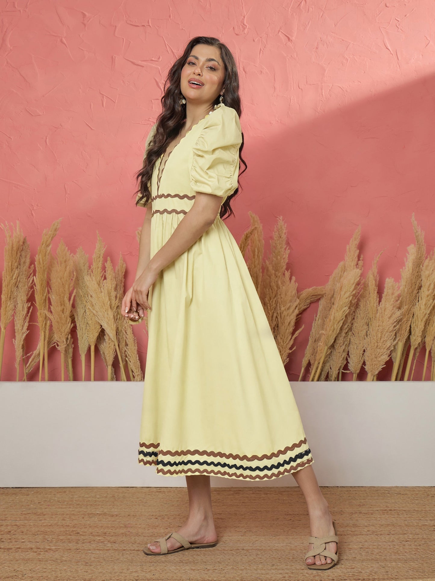 Yellow Ric Rac Lace A-Line Midi Dress