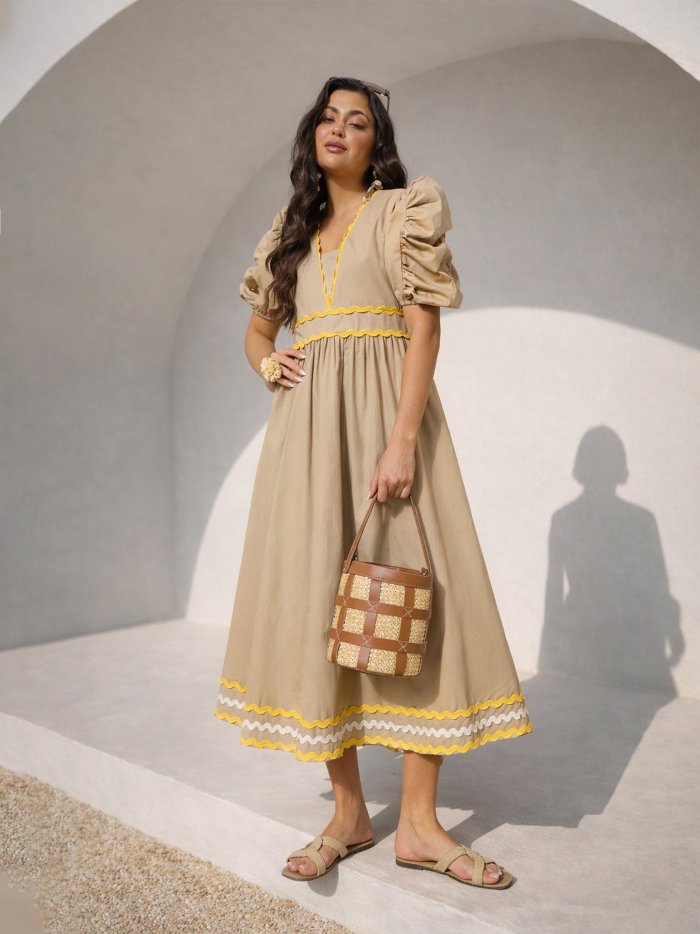 Beige Ric Rac Lace A-Line Midi Dress