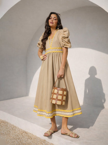 Beige Ric Rac Lace A-Line Midi Dress