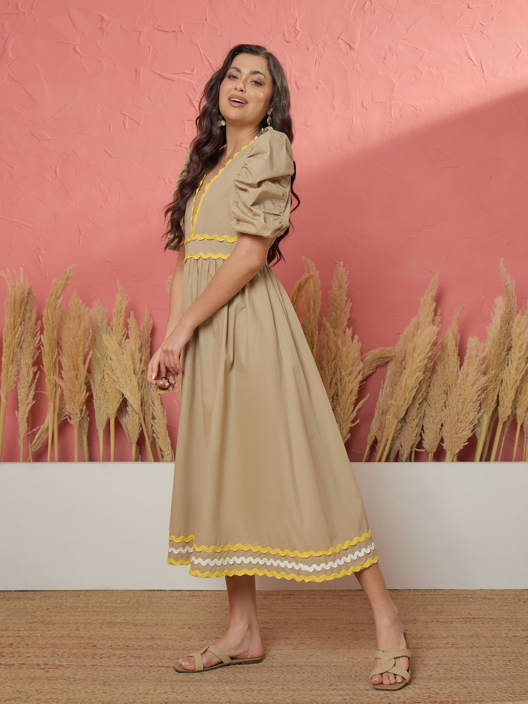 Beige Ric Rac Lace A-Line Midi Dress