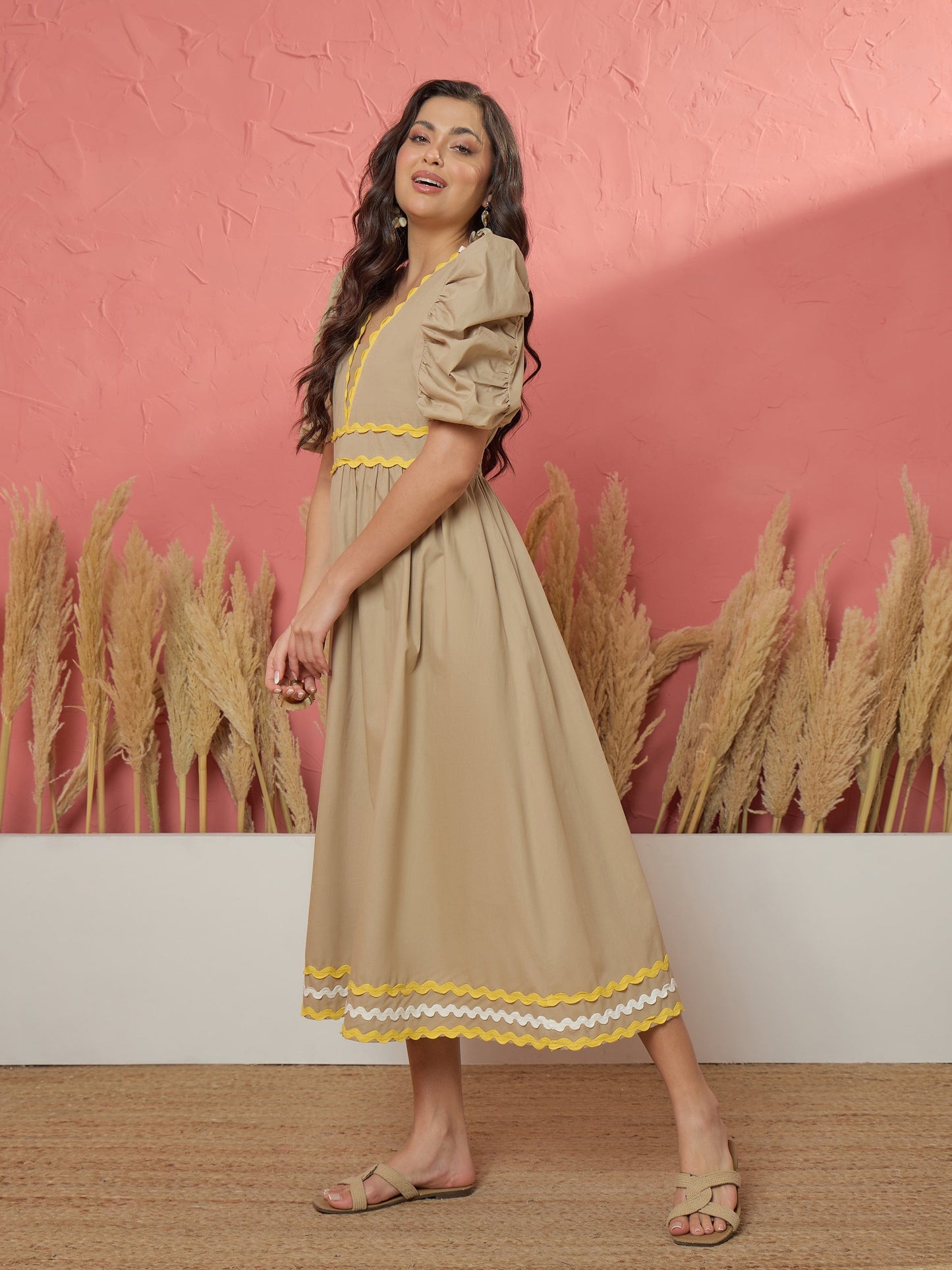 Beige Ric Rac Lace A-Line Midi Dress