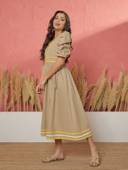 Beige Ric Rac Lace A-Line Midi Dress