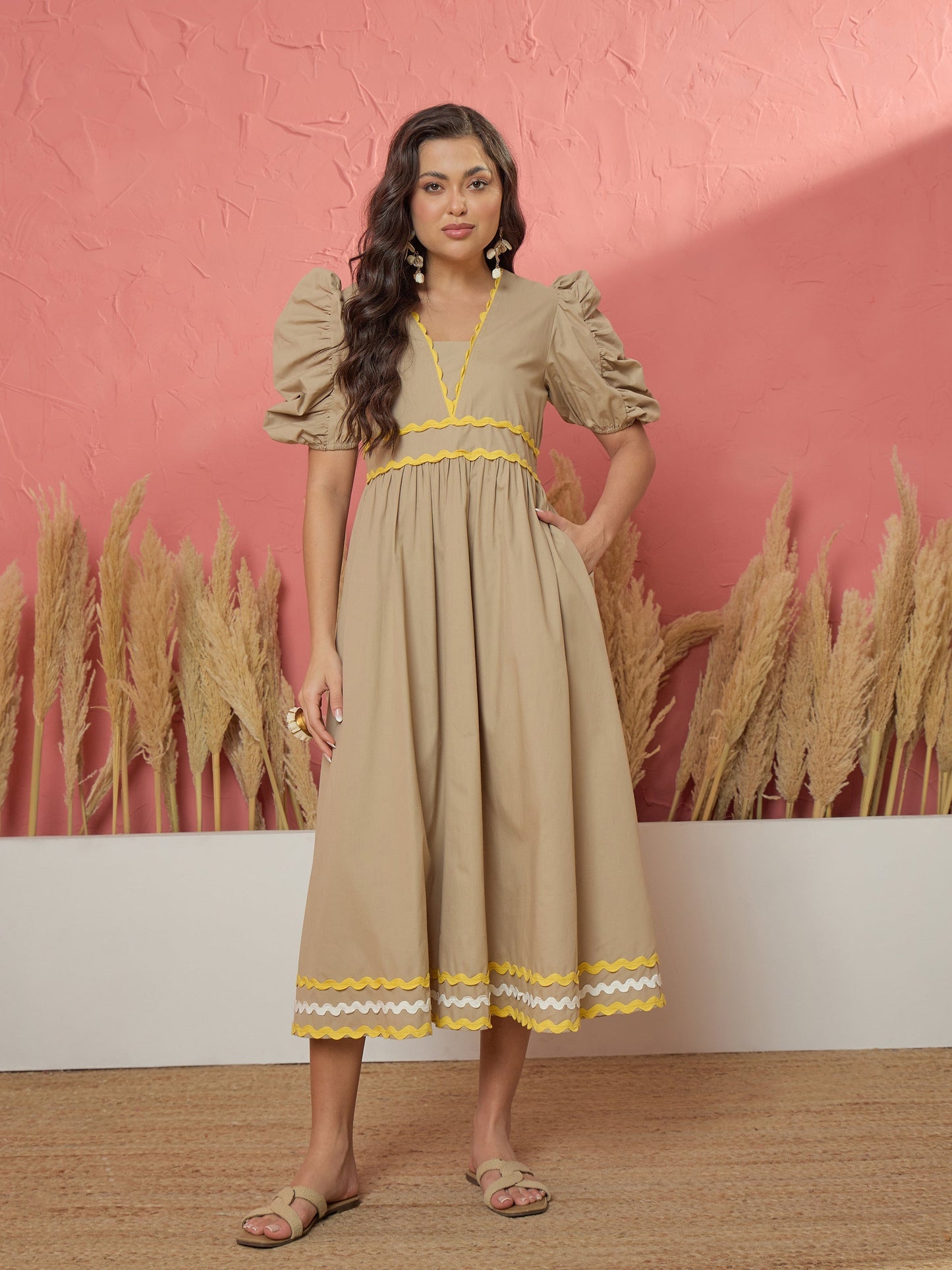 Beige Ric Rac Lace A-Line Midi Dress