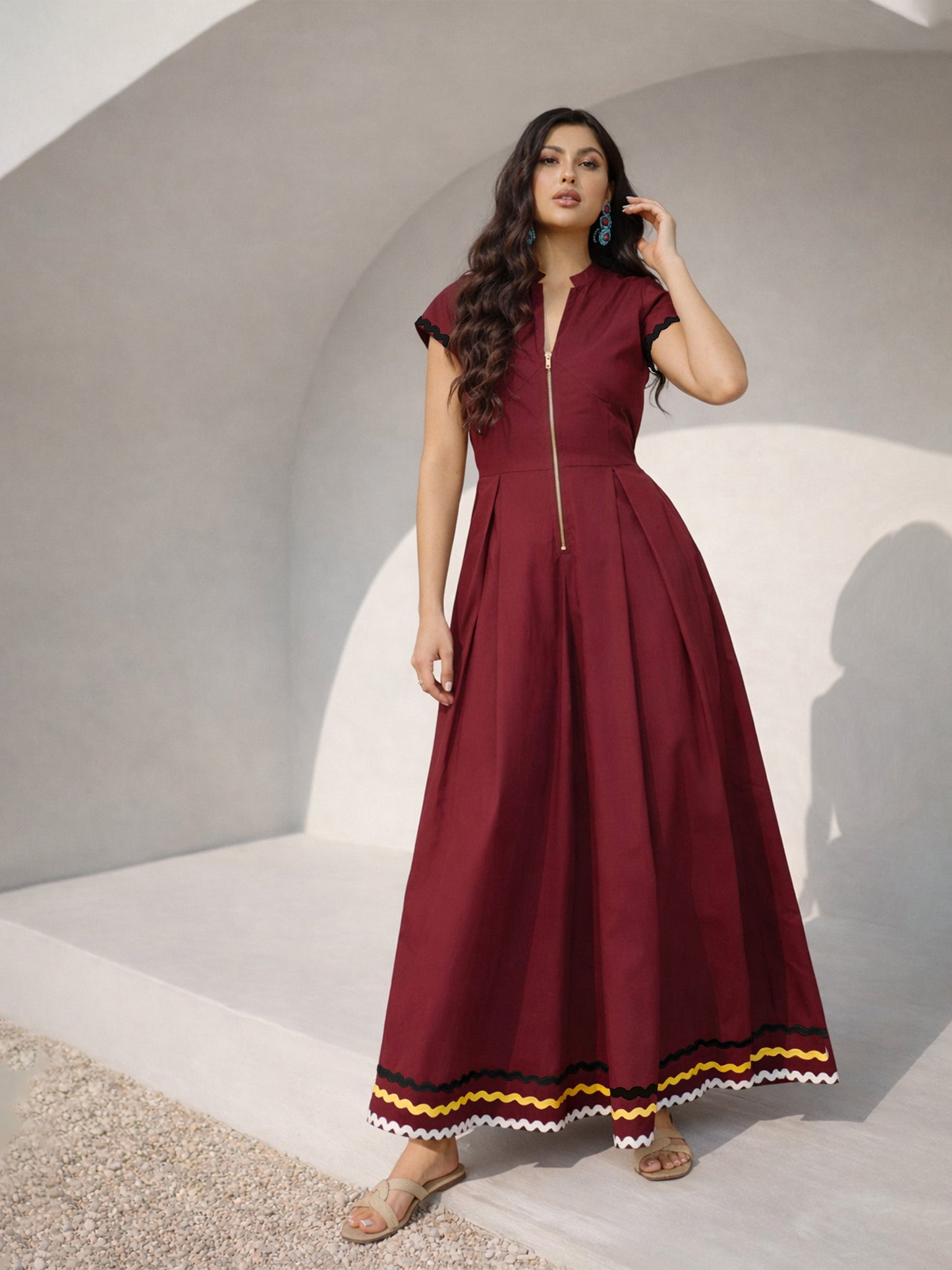 Maroon Ric Rac Lace Front Zipper A-Line Maxi Dress
