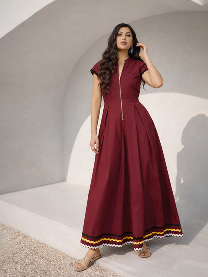 Maroon Ric Rac Lace Front Zipper A-Line Maxi Dress