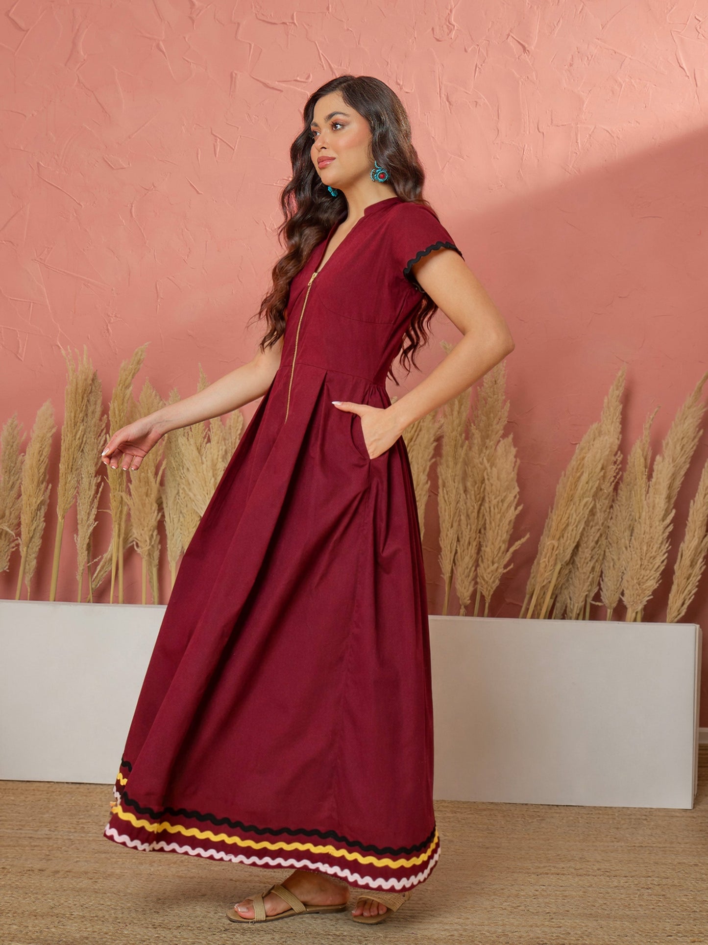 Maroon Ric Rac Lace Front Zipper A-Line Maxi Dress