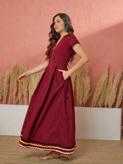 Maroon Ric Rac Lace Front Zipper A-Line Maxi Dress
