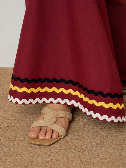 Maroon Ric Rac Lace Front Zipper A-Line Maxi Dress