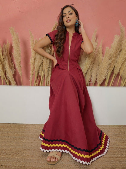 Maroon Ric Rac Lace Front Zipper A-Line Maxi Dress
