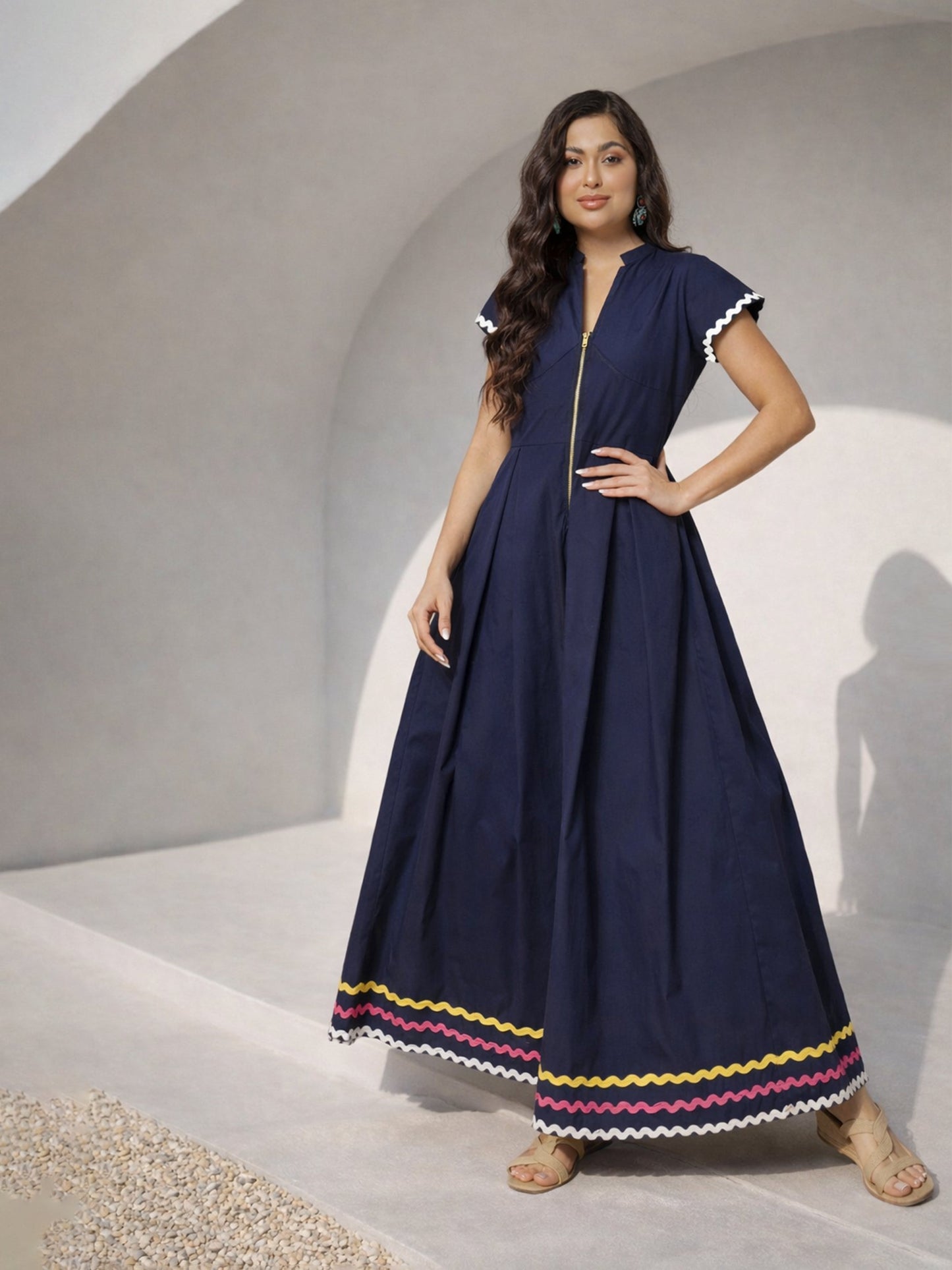 Navy Ric Rac Lace Front Zipper A-Line Maxi Dress