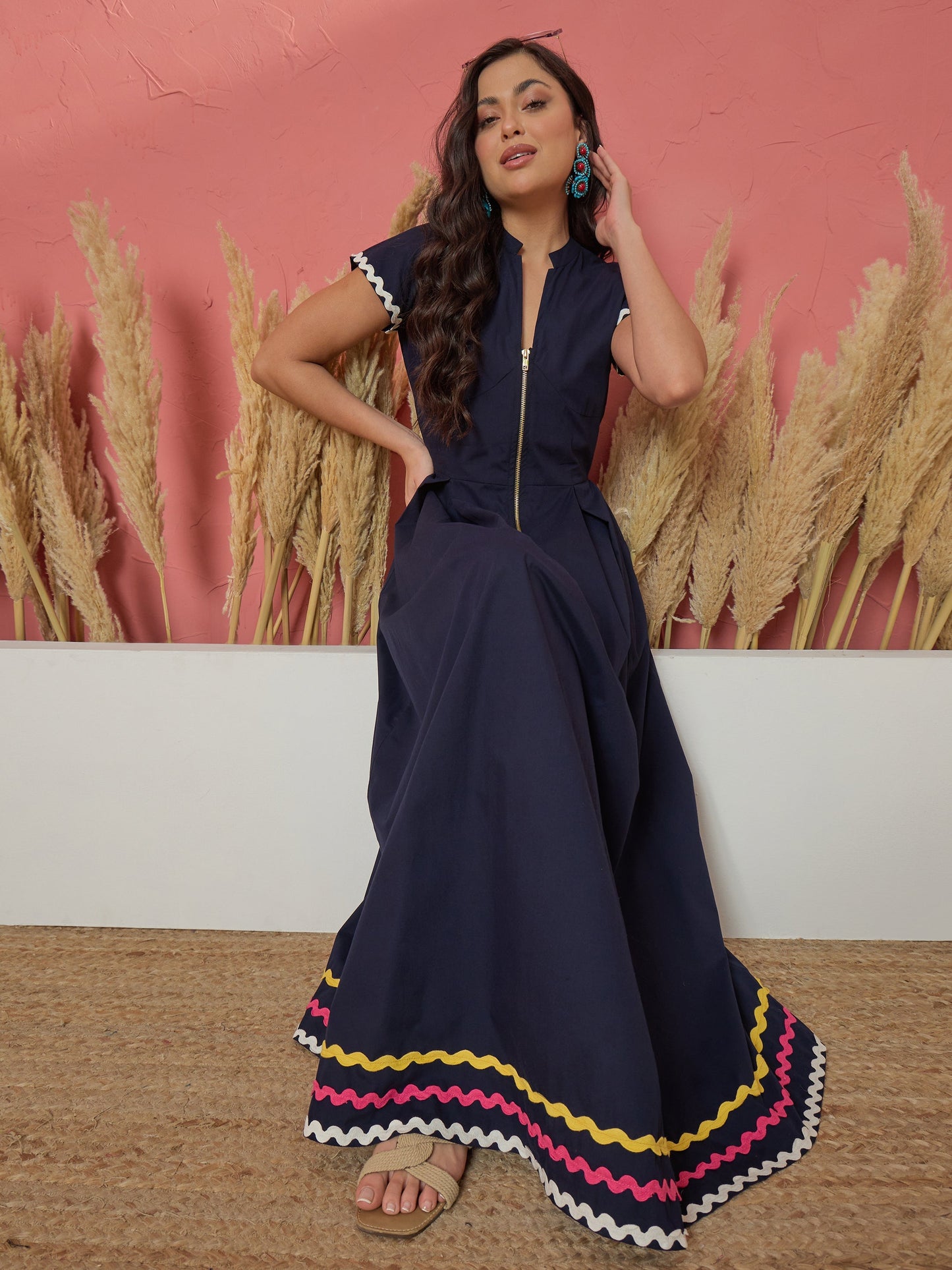 Navy Ric Rac Lace Front Zipper A-Line Maxi Dress