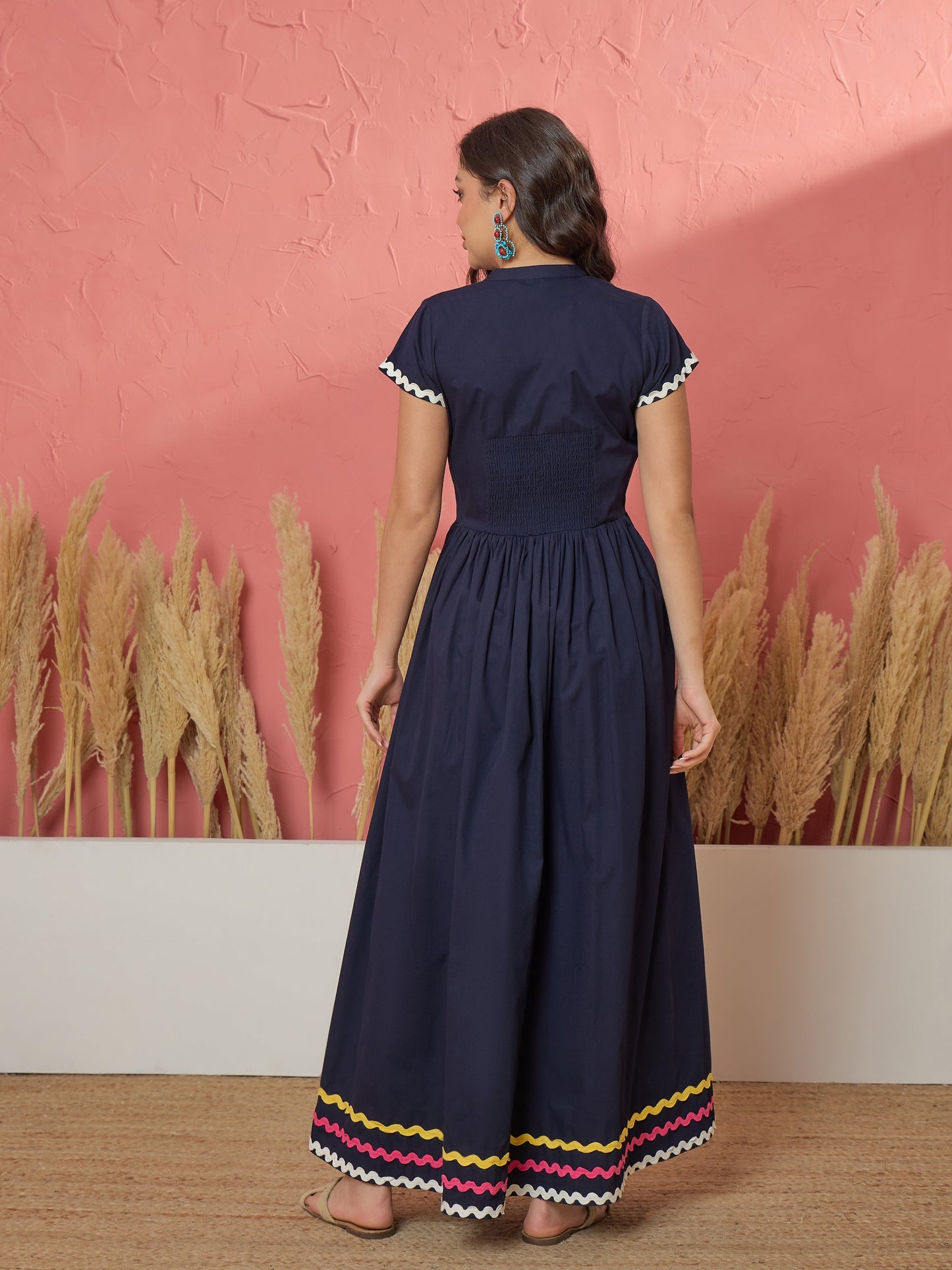 Navy Ric Rac Lace Front Zipper A-Line Maxi Dress