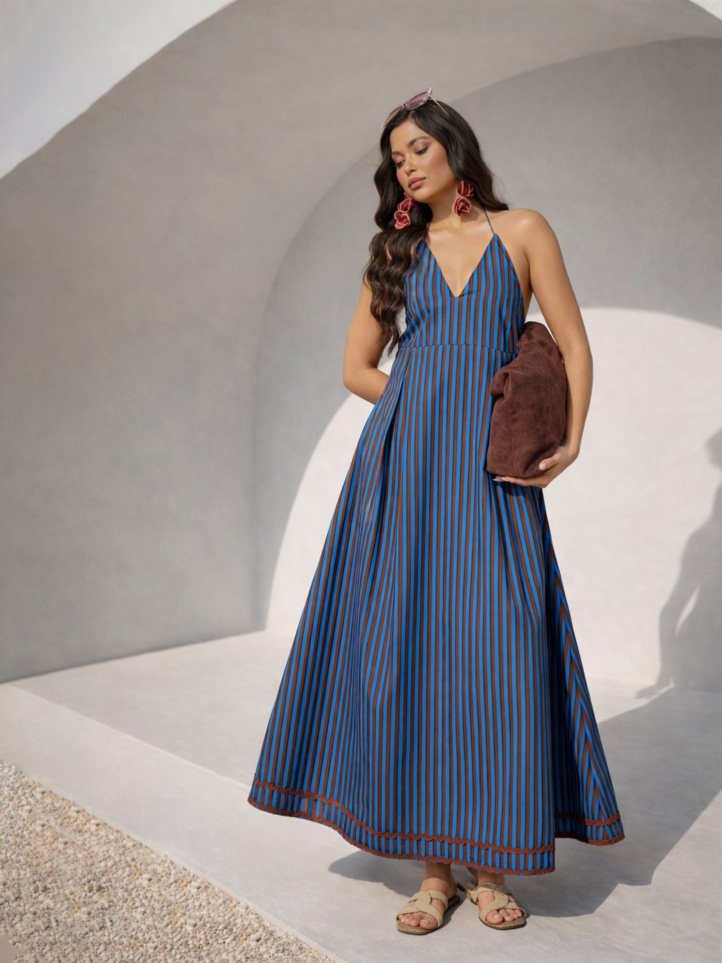 Blue & Brown Stripe Ric Rac Lace Halter Neck Midi Dress