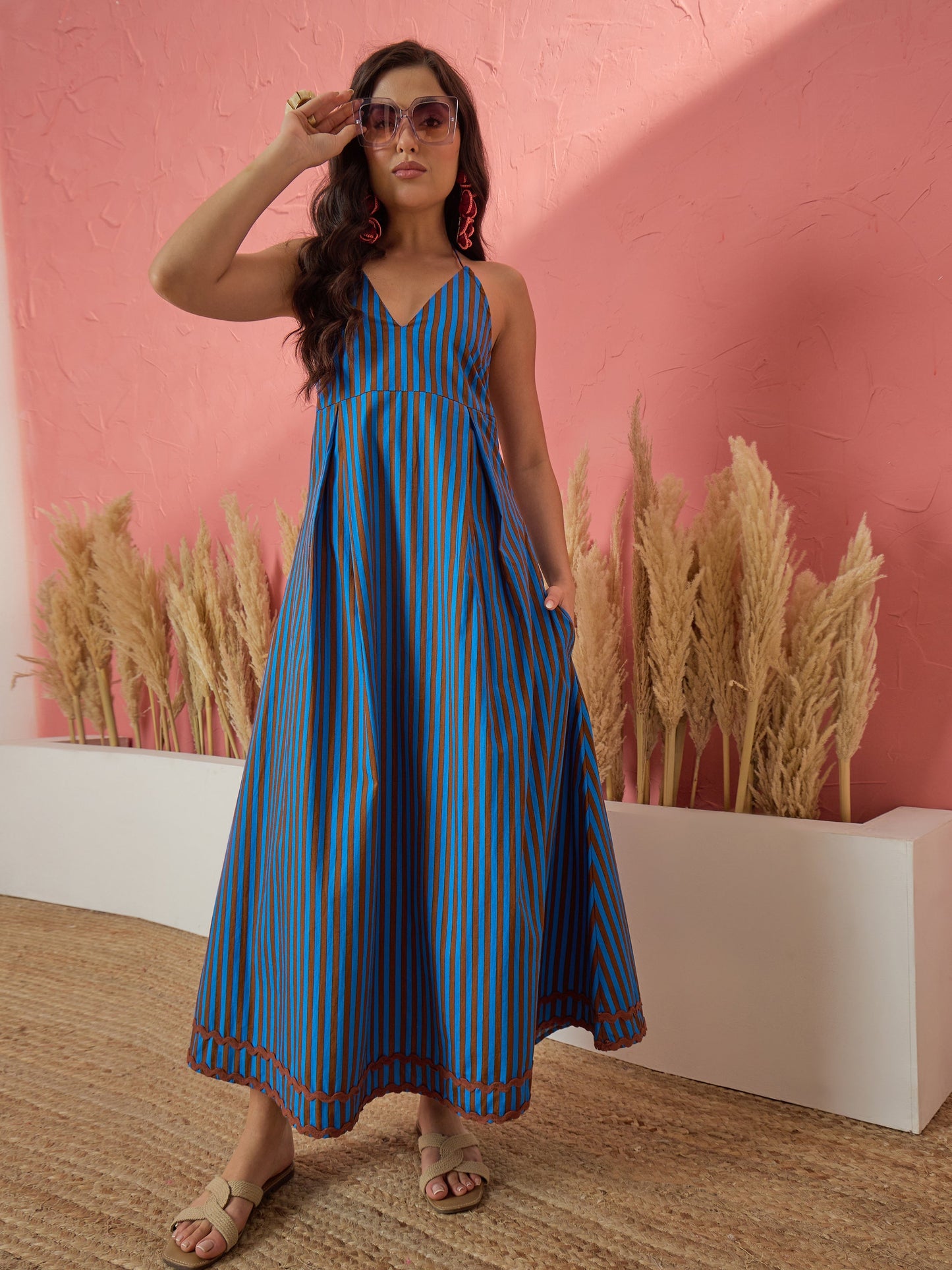 Blue & Brown Stripe Ric Rac Lace Halter Neck Midi Dress