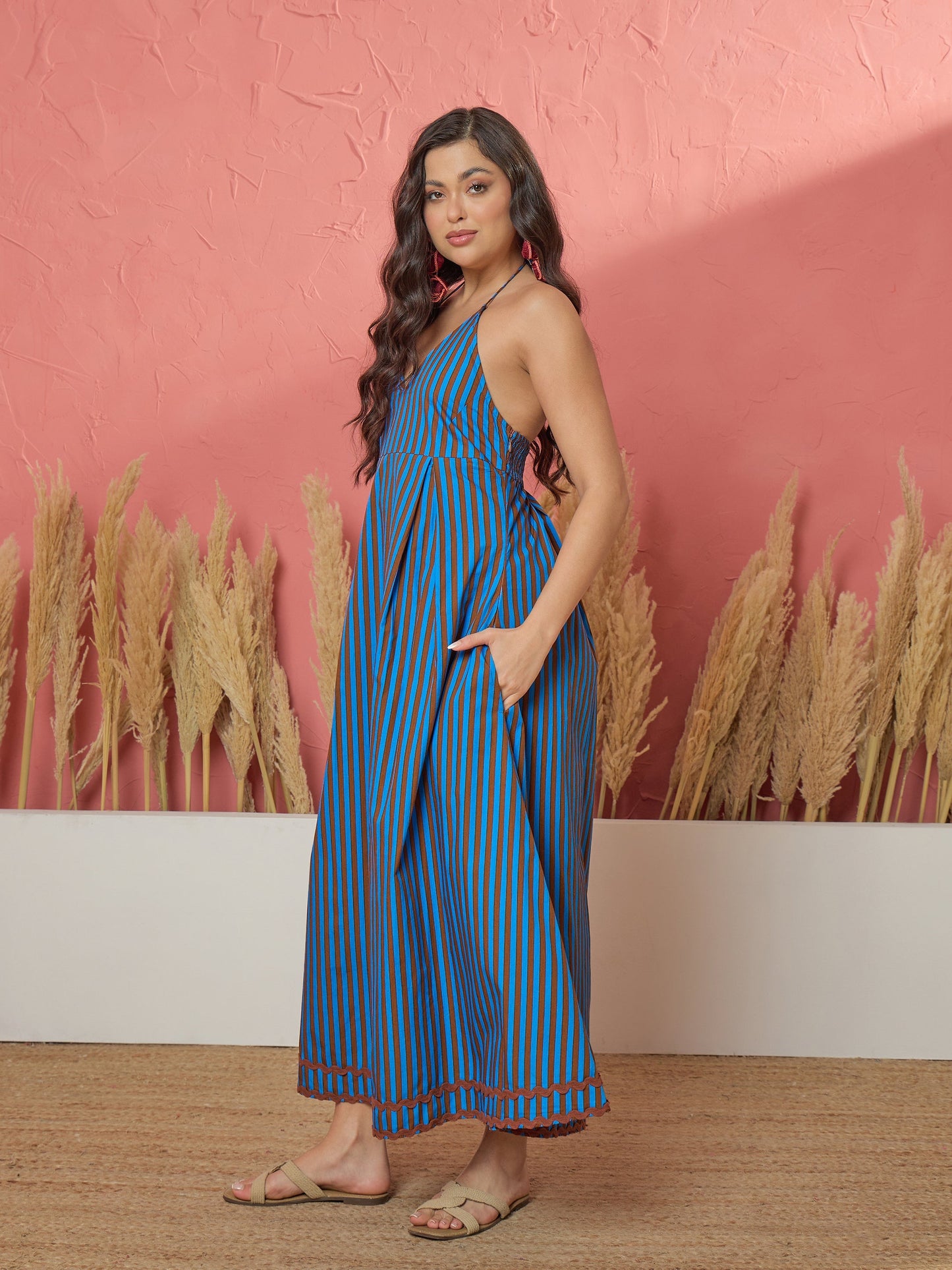 Blue & Brown Stripe Ric Rac Lace Halter Neck Midi Dress