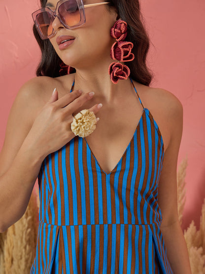 Blue & Brown Stripe Ric Rac Lace Halter Neck Midi Dress