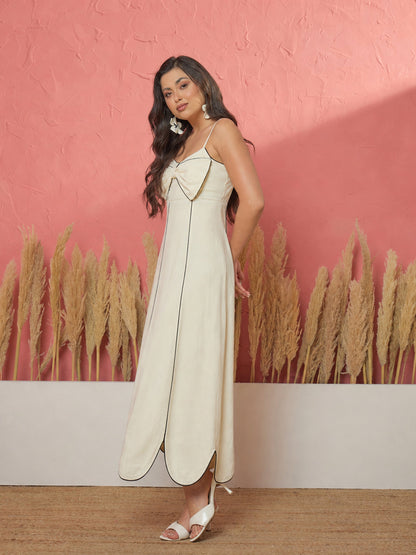 White Twill Front Bow Strappy Midi Dress