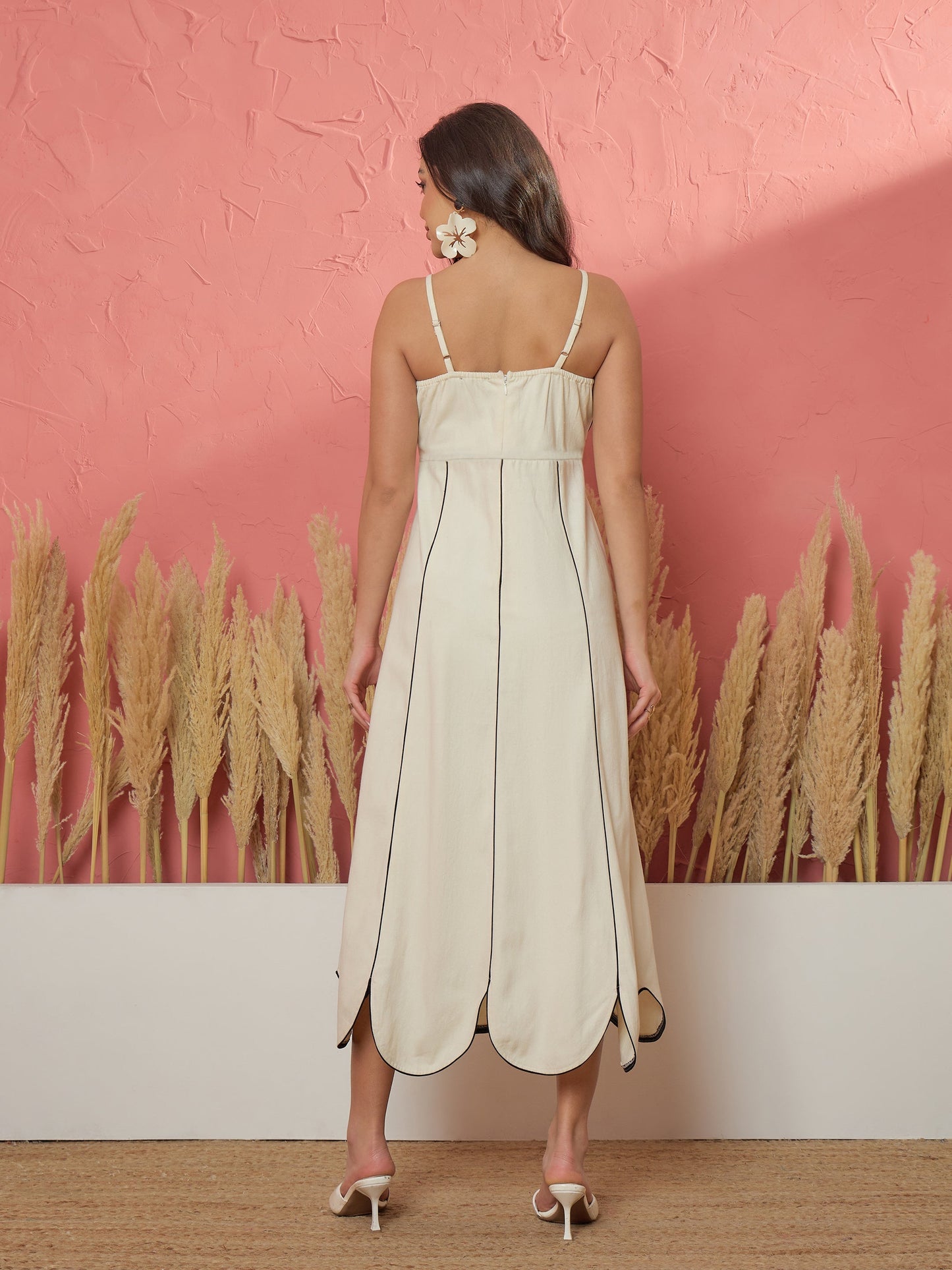 White Twill Front Bow Strappy Midi Dress
