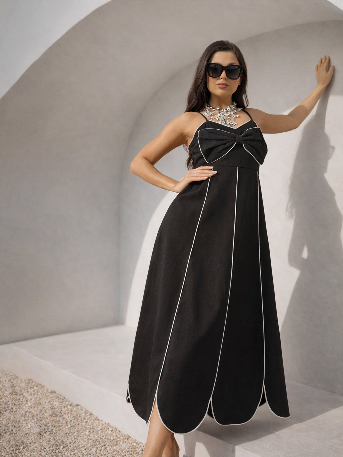 Black Twill Front Bow Strappy Midi Dress