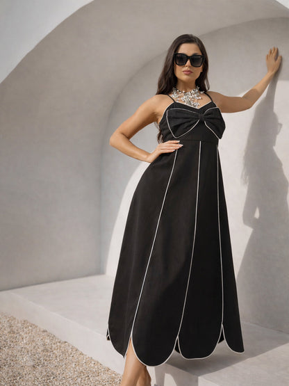 Black Twill Front Bow Strappy Midi Dress