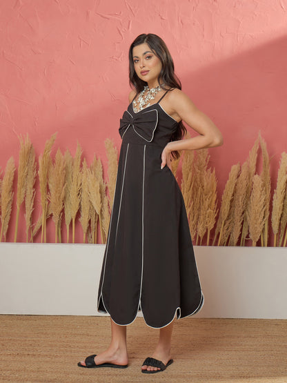 Black Twill Front Bow Strappy Midi Dress