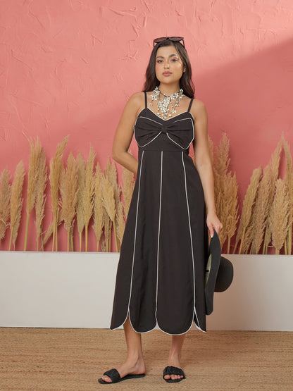 Black Twill Front Bow Strappy Midi Dress