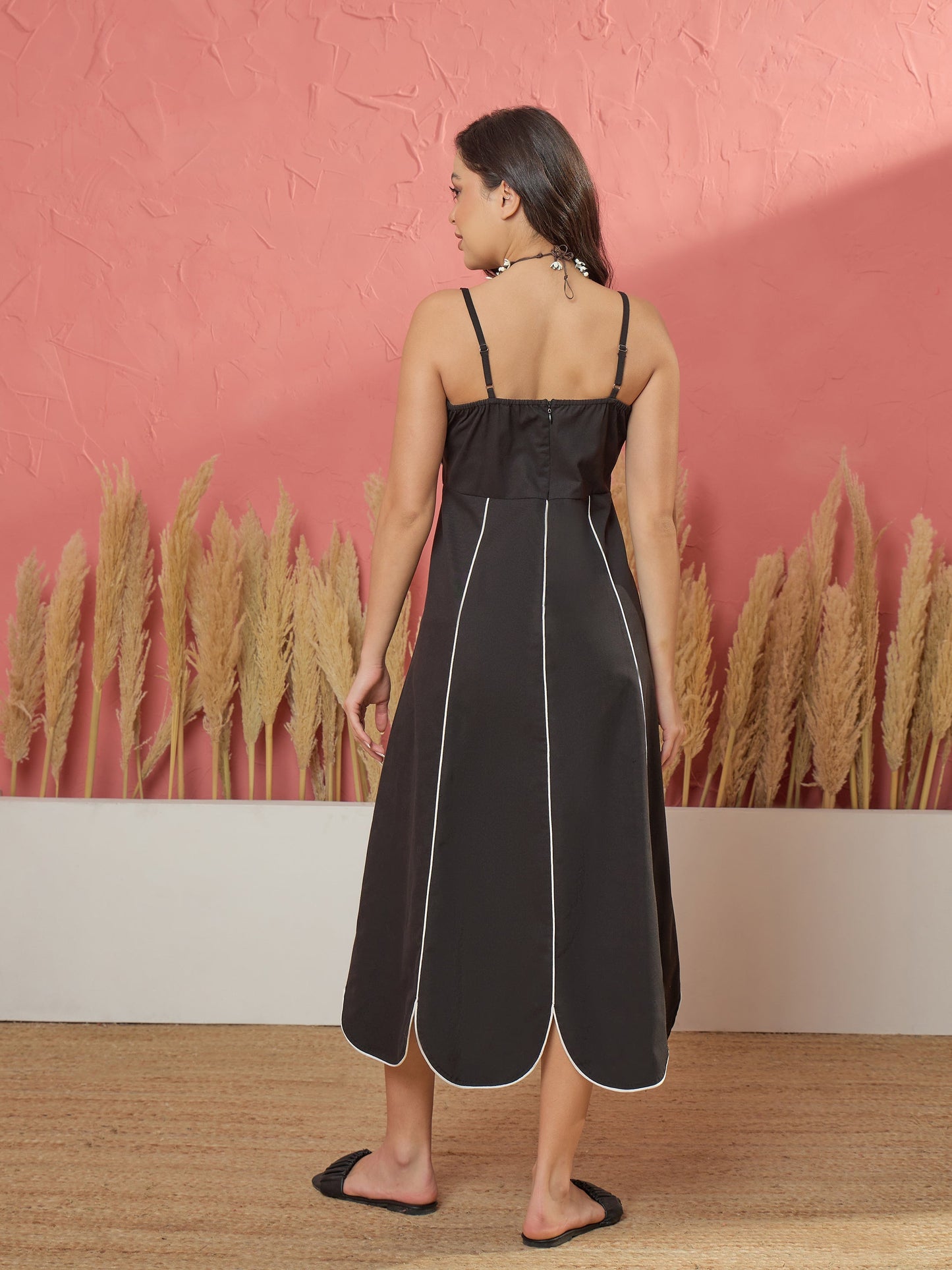 Black Twill Front Bow Strappy Midi Dress