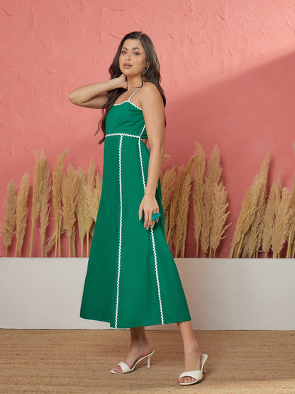 Green Ric Rac Lace Back Tie Strappy A-Line Midi Dress